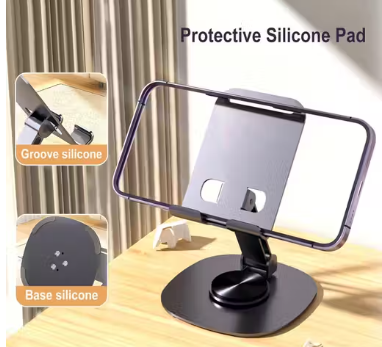 Kustar 360°Rotating Phone Holder for Desk, Portable & Foldable Cell Phone Stand for Office & Kitchen, Adjustable Tablet Stand for All Mobile Phones, All Device Model, iPad, Nintendo Switch (Metal Silver)