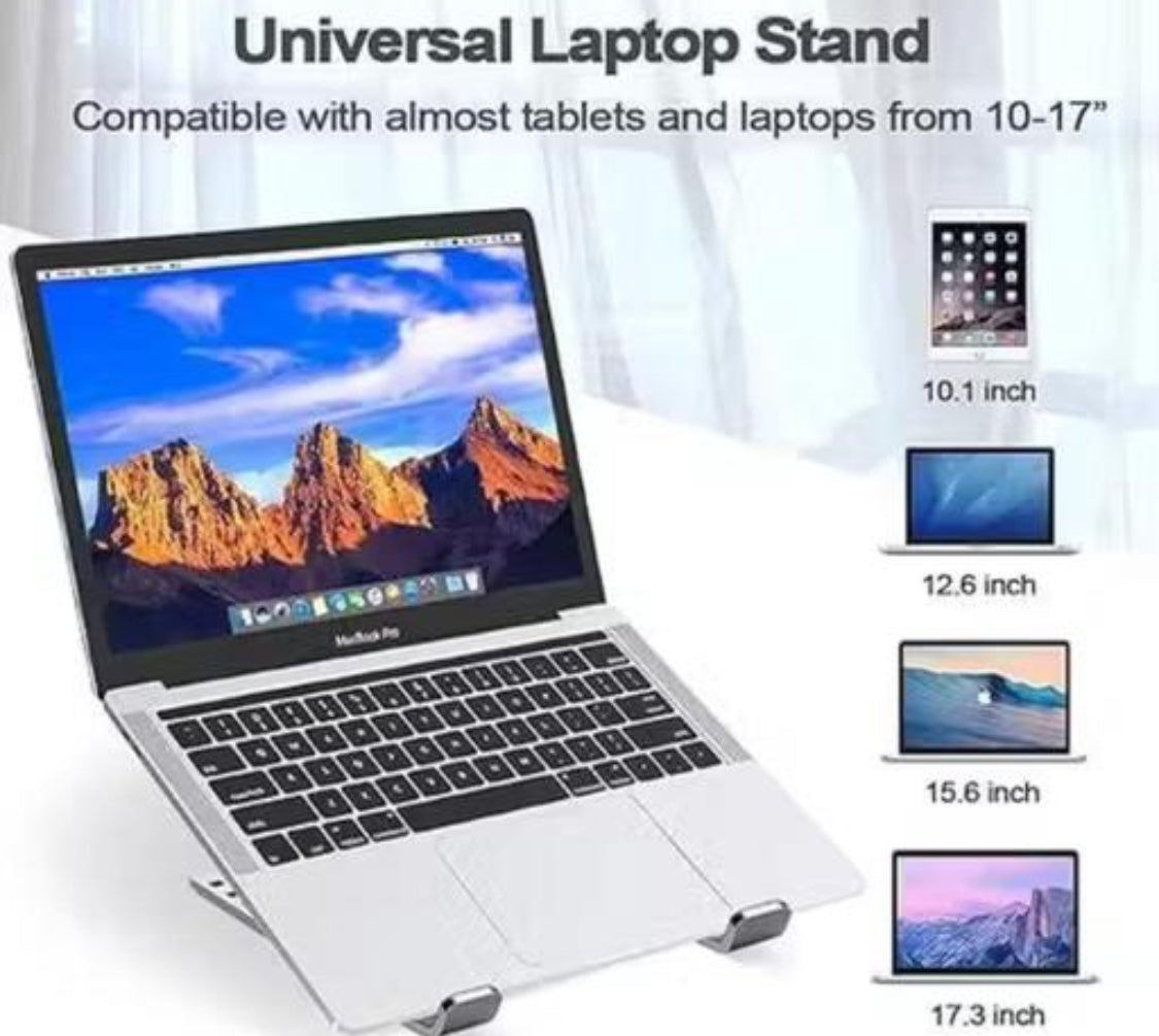 Universal Laptop Stand, Fold-Up, Adjustable, Ventilated, Portable Laptop Holder for Desk, Aluminum Foldable Laptop Ergonomic Compatibility with up to 15.6-inch Laptop, All Mac, Tab, and Mobile (Silver)